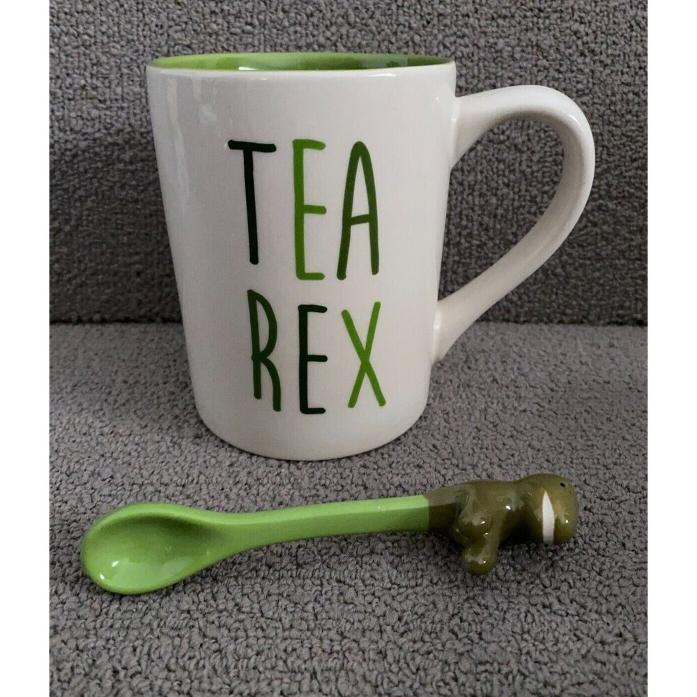Our Name is Mud Dinasour Coffee Cup Mug Spoon Set T-Rex Green White